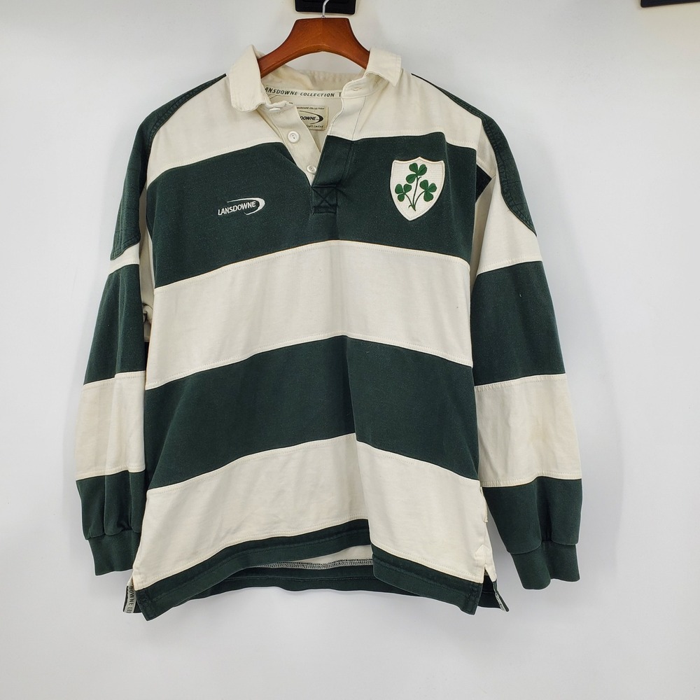 Vintage Lansdowne Ireland Rugby Shirt Green Cream Striped Shamrock 90s Mens M